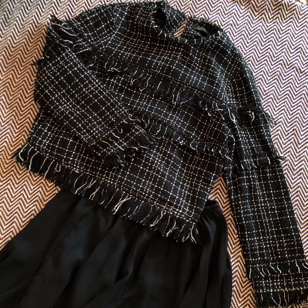 Tweed Higher Neck Check Top + Fringe Detail